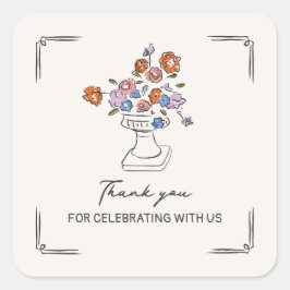 風変わりな手描き花模様の壺 ウェディングシャワーの感謝を伝えるステッカー スクエアシール