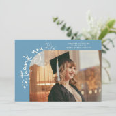 風変わりな星柄デニムブルー卒業写真感謝カード 案内状 (スタンド正面)