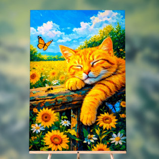 風変わりな木製フェンスで平和にうたた寝するジンジャー猫 アクリルサイン