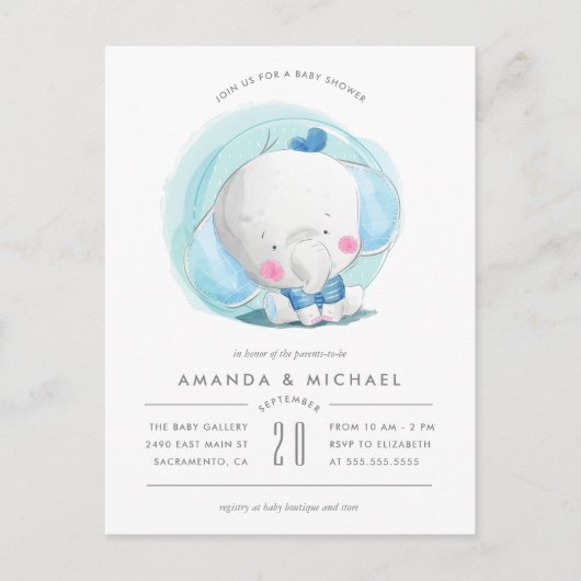 風変わりな水彩画象の警官のベビーシャワー インビテーションポストカード (正面)