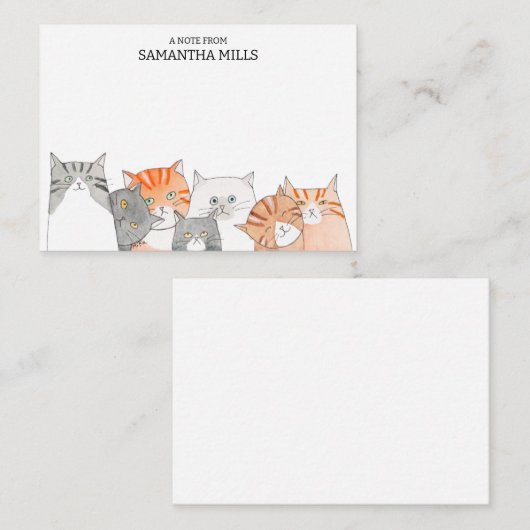 風変わりな猫たちの列 猫好きのためのパーソナライズド ネーム ノートカード (正面/裏面)