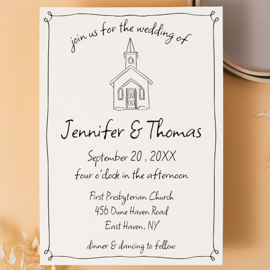 風変わりな遊び心のある手描き教会ドゥードル結婚式 招待状