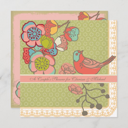 風変わりな鳥のカップルのシャワーの招待状の結婚 招待状 (正面/裏面)