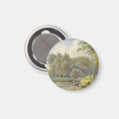 風景と人物を描いた古い絵の葉書 マグネット (正面/裏面)