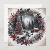 風景と花輪のフラットホリデーカード シーズンカード (正面/裏面)