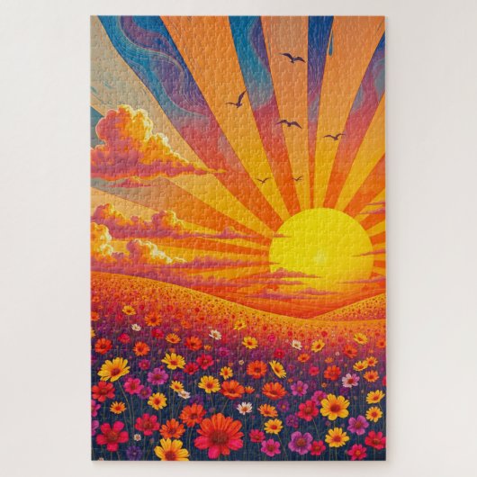 風景に照らされた輝くお洒落夕日 ジグソーパズル (縦)