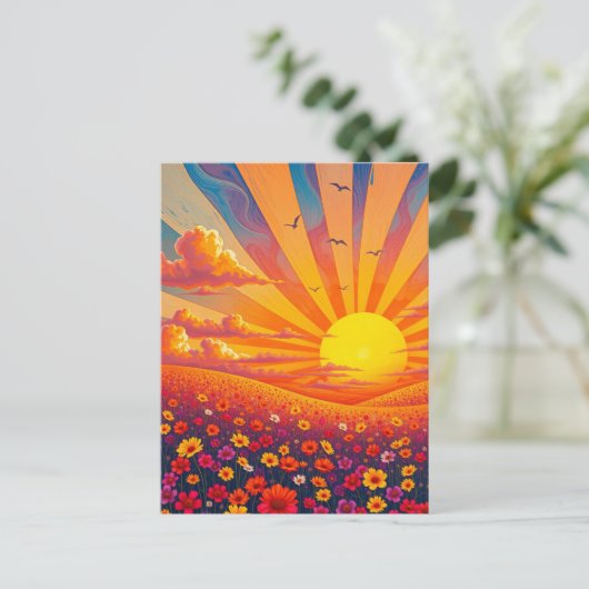 風景に照らされた輝くお洒落夕日 ポストカード (スタンド正面)