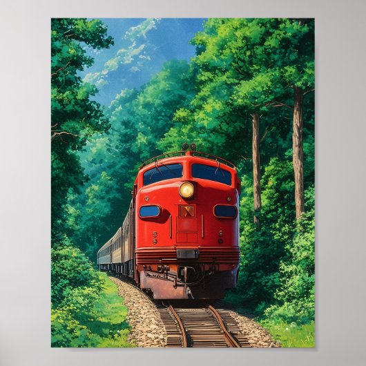 風景の中の赤い機関車 列車 山 森 ポスター (正面)