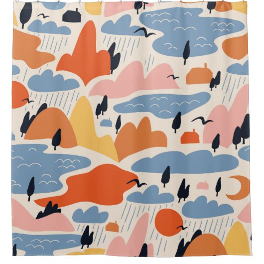 風景カラフル、山、湖、シームレス。 シャワーカーテン (正面)