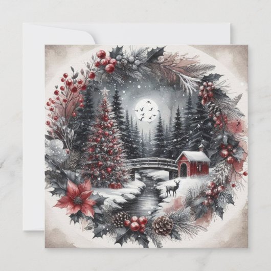 風景付きの平らなホリデーカード 花輪 シーズンカード (正面)