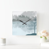 風景反射湖の木々緑 スクエア壁時計 (ホーム)