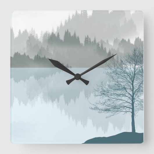 風景反射湖の木々緑 スクエア壁時計 (正面)