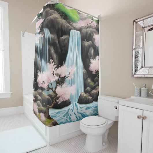 風景日本のさくらんぼの花と滝 シャワーカーテン (インサイチュ)