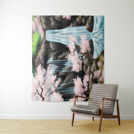 風景日本のさくらんぼの花と滝 タペストリー (インサイチュ)