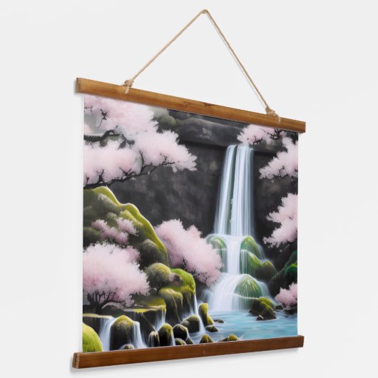 風景日本のさくらんぼの花と滝 吊り下げ型タペストリー (傾斜あり)