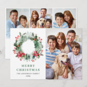 風景 クリスマス wreath ホーリー ベリー 松 4 枚の写真の挨拶状 (正面/裏面)