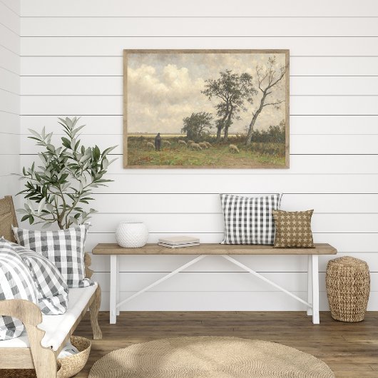 風景、羊と羊飼い、ヴィンテージ素晴らしアート。 ポスター