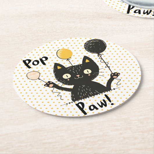 風船おもしろいを持つかわいい黒猫誕生日 ラウンドペーパーコースター (アングル)