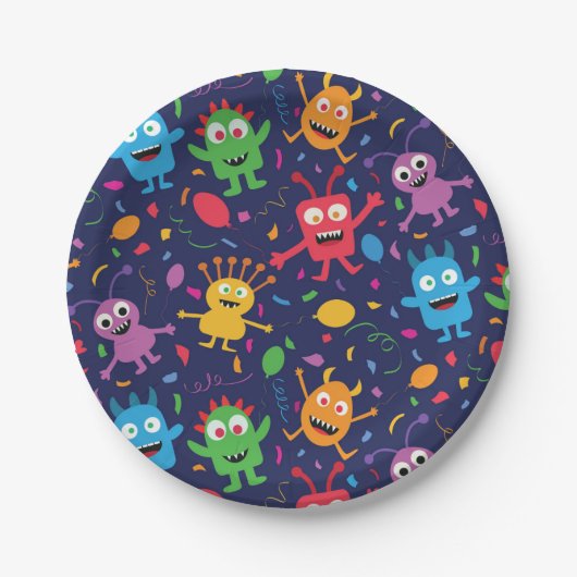 風船おもしろい入りのかわいい怪獣パターン ペーパープレート (正面)