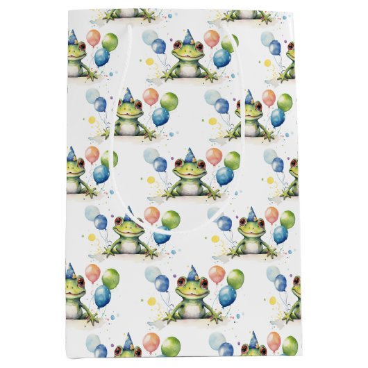 風船お洒落付き可愛い緑のカエル ミディアムペーパーバッグ (正面)