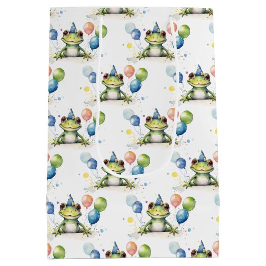 風船お洒落付き可愛い緑のカエル ミディアムペーパーバッグ (裏面)