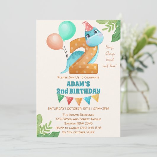 風船が付いた可愛い恐竜2回目の誕生日 招待状 (スタンド正面)