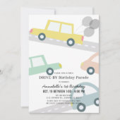 風船が付いた黄色の車でお誕生日おめでとう（ドライブ・バイ・スタイル） 招待状 (正面)