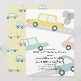 風船が付いた黄色の車でお誕生日おめでとう（ドライブ・バイ・スタイル） 招待状