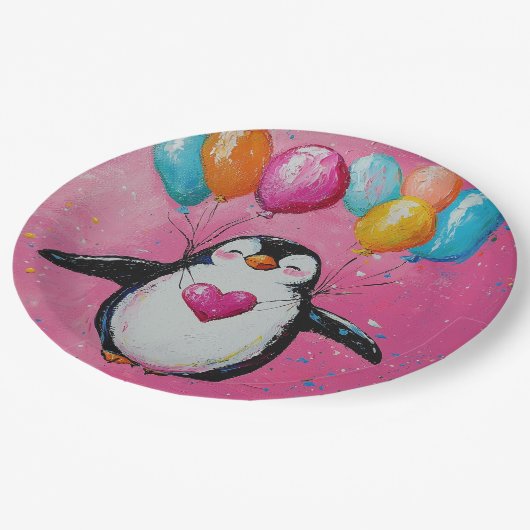 風船が入った可愛い漫画ペンギン ペーパープレート (アングル)