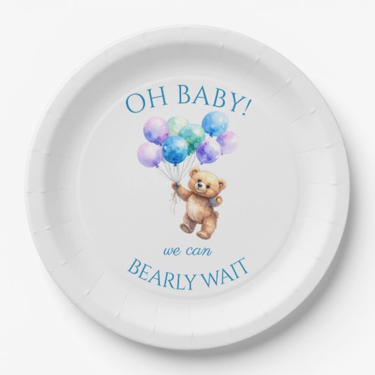 風船が浮き上がっているテディベア ペーパープレート (正面)