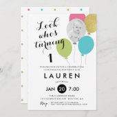 風船が誰が誕生日パーティーの写真に変わる 招待状 (正面/裏面)