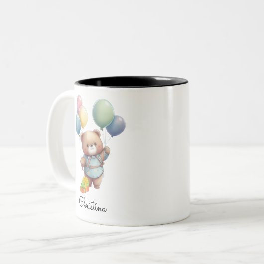 風船が飛び交うかわいいテディベアパーソナライズされた ツートーンマグカップ (正面左)