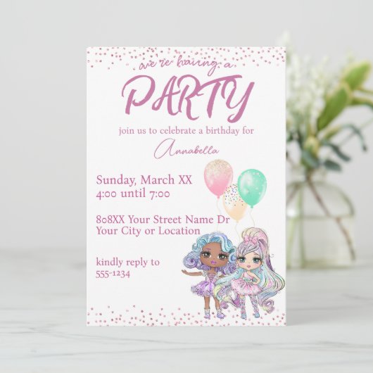 風船でグリッターの少女のかわいい人形 招待状 (スタンド正面)