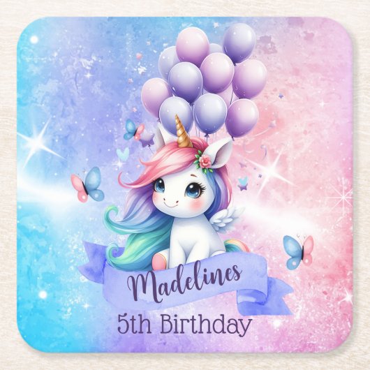 風船で美しいユニコーン紙コースター スクエアペーパーコースター (正面)
