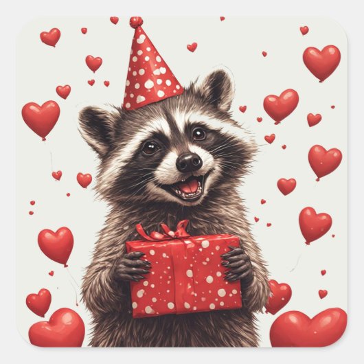 🎂 風船とアライグマの誕生日パーティー スクエアシール (正面)