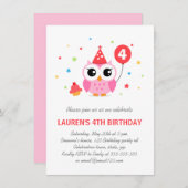 風船とカップケーキの誕生日を持つかわいいパーティーフクロウ 招待状 (正面/裏面)