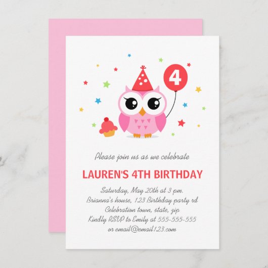 風船とカップケーキの誕生日を持つかわいいパーティーフクロウ 招待状 (正面/裏面)