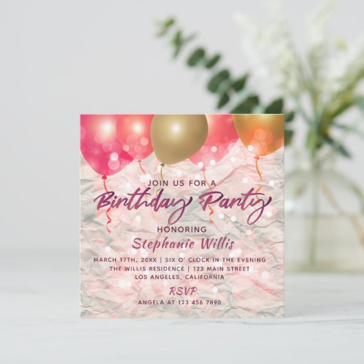 風船とキラキラの紙誕生日パーティー 招待状 (スタンド正面)
