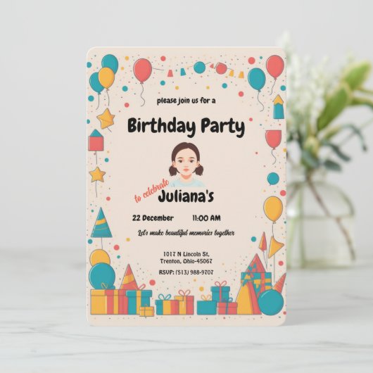 風船とギフト - パーティーをテーマにしたデザイン 招待状 (スタンド正面)