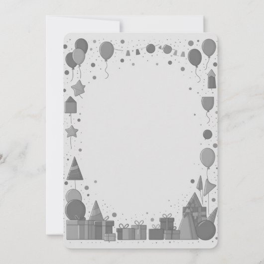 風船とギフト - パーティーをテーマにしたデザイン 招待状 (裏面)