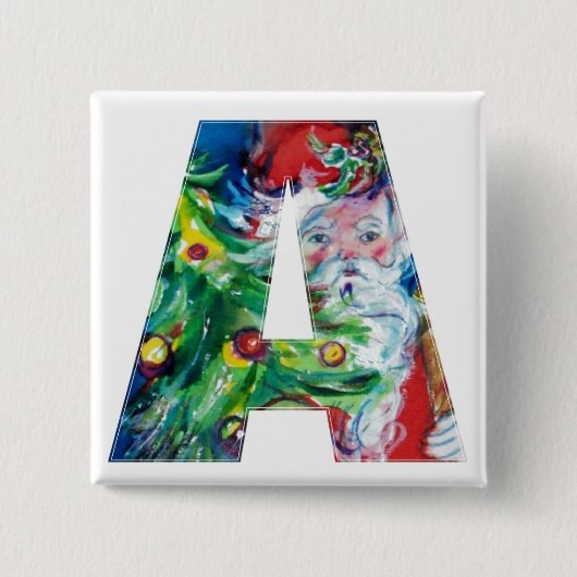 風船とクリスマスツリー付きサンタAモノグラム 缶バッジ (正面)