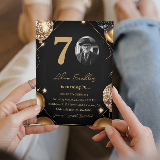 風船とグリッターで70歳の誕生日パーティー 招待状