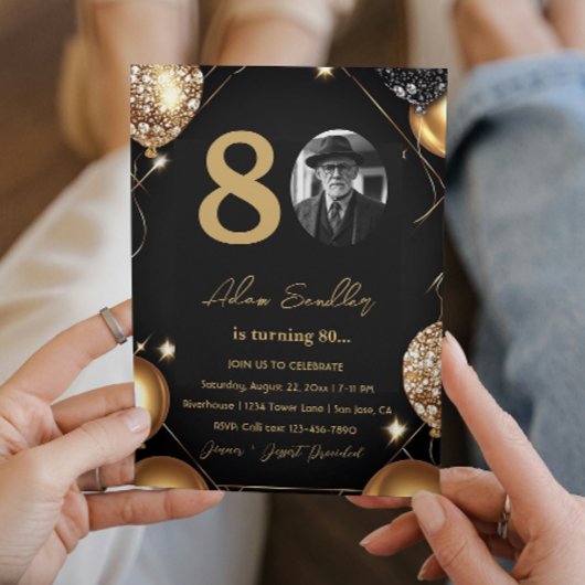 風船とグリッターで80歳の誕生日パーティー 招待状