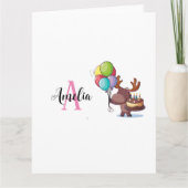 風船とケーキの鹿 ピンクのモノグラム名前 カード (正面)