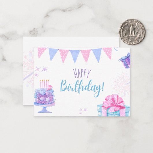 風船とケーキを備えたハッピーバースデーカード ノートカード (正面/裏面インサイチュ)