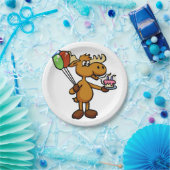 風船とケーキを持つムース |背景色 ペーパープレート (パーティー)