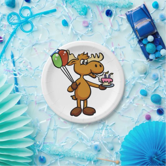 風船とケーキを持つムース |背景色 ペーパープレート (パーティー)