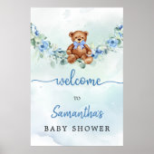 風船とテディベア緑の少年ウェルカムサイン ポスター (正面)