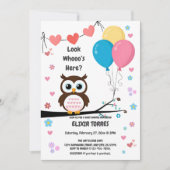風船とハートの愛らしいフクロウのベビーシャワー 招待状 (正面)