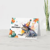風船とパーティー帽のイグアナ 誕生日おめでとう カード (正面)